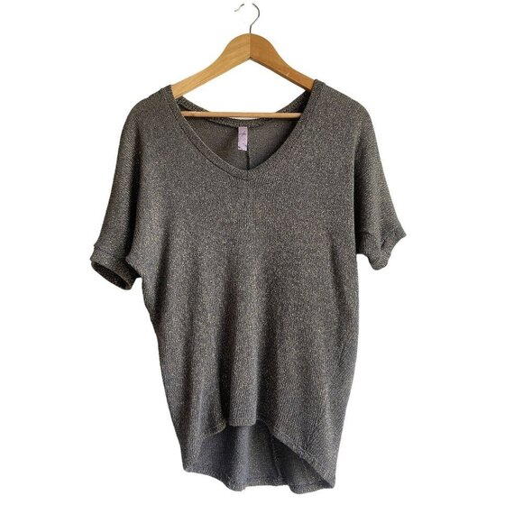Alya Size Medium Gray Gold Shimmer Metallic Cotton Blend V-Neck Short Sleeve Kni - Picture 1 of 7